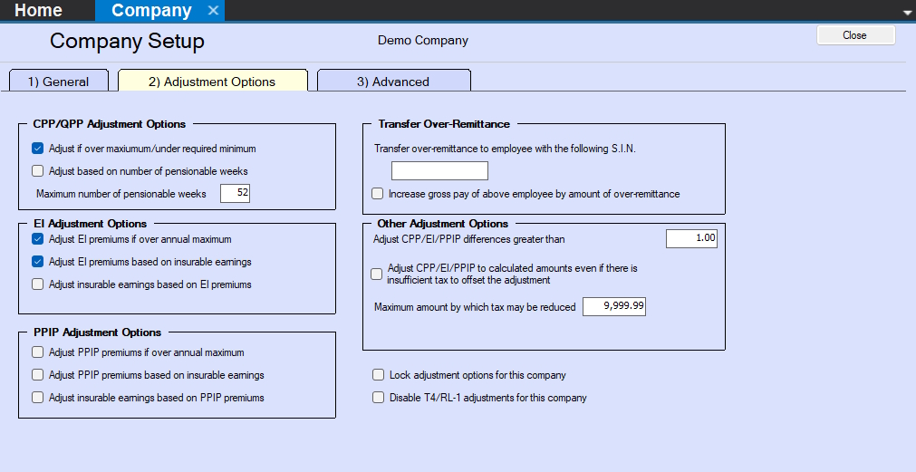 Company Setup - Adjustment Tab