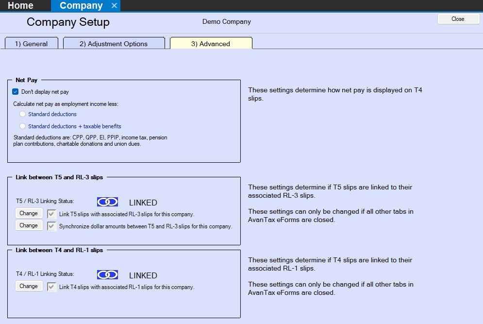 Company Setup - Advanced Tab
