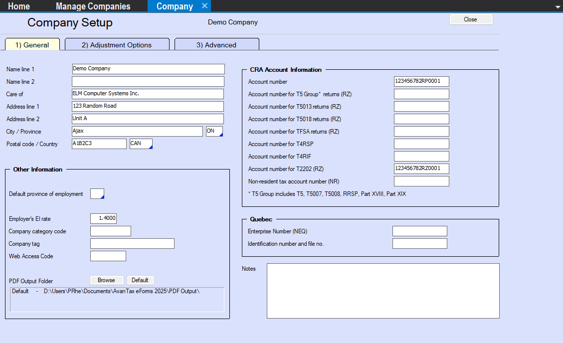Company Setup - General Tab
