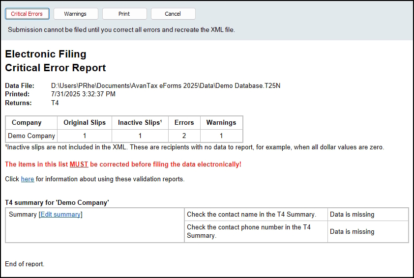 Electronic Filing - Error Report