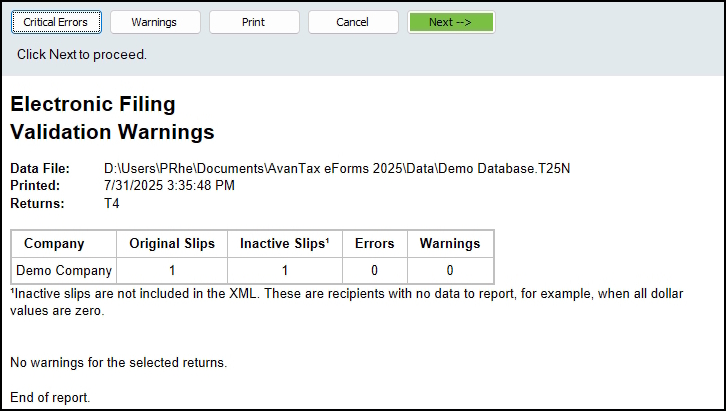 Electronic Filing - Validation Report