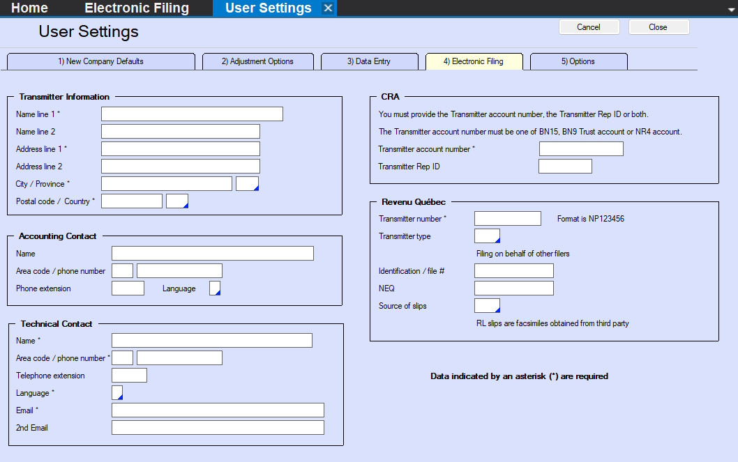 User Settings - Electronic Filing