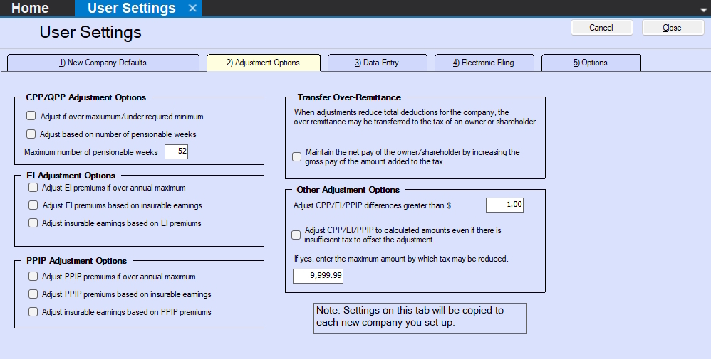 Default Adjustment Options