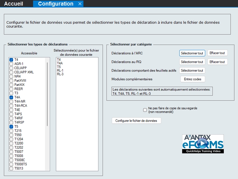 Configuration du fichier de données