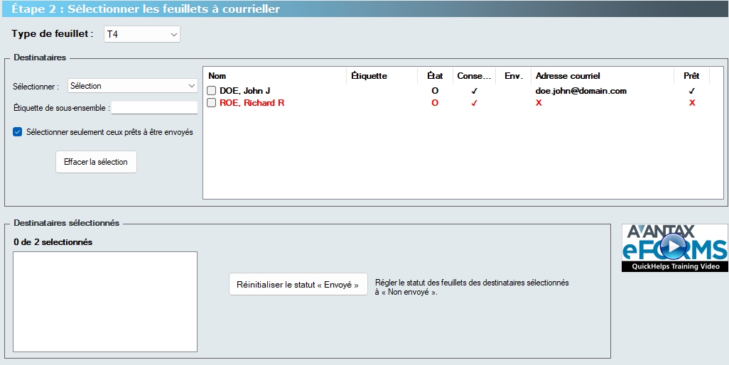 Envoyer des feuillets par courriel – sélectionner des feuillets