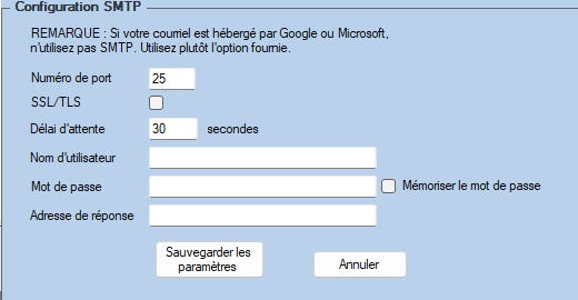 Envoyer des feuillets par courriel – paramètres SMTP