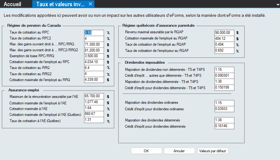 Taux et valeurs invariables