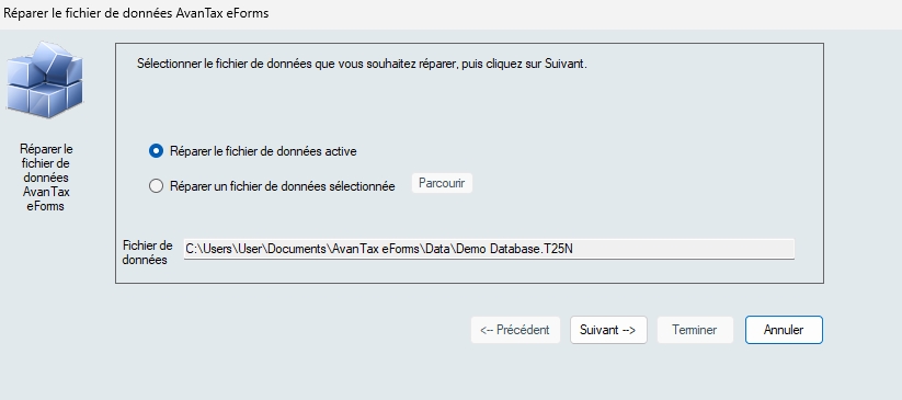 Réparer le fichier de données