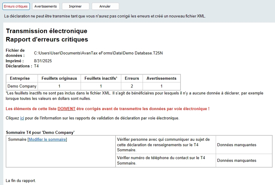Transmission électronique - Rapport d’erreurs