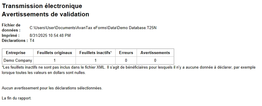 Transmission électronique - Rapport de validation