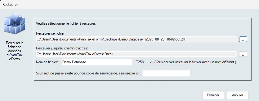Restaurer le fichier de données