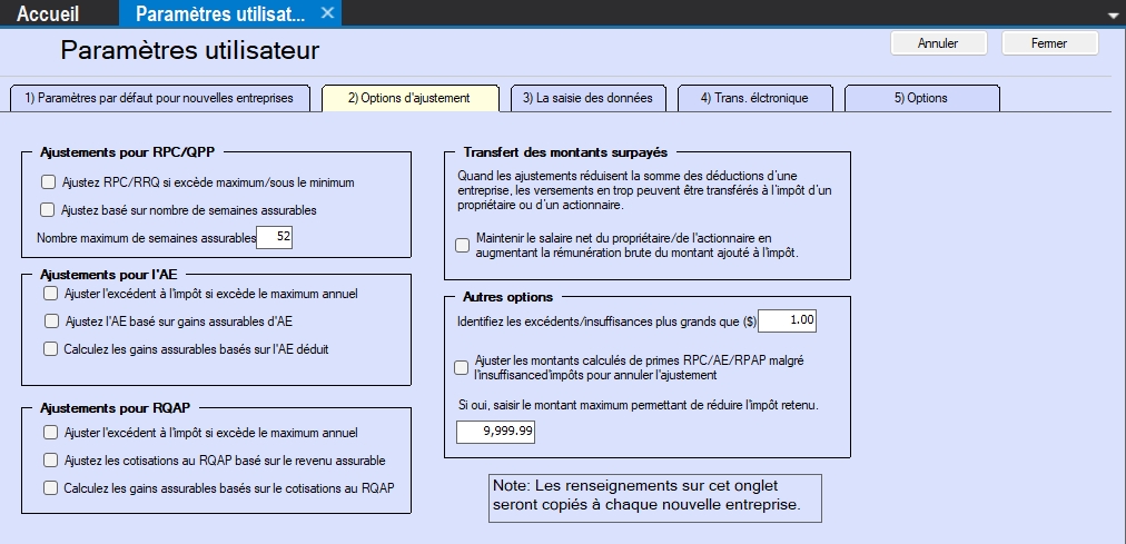 Options d’ajustement par défaut