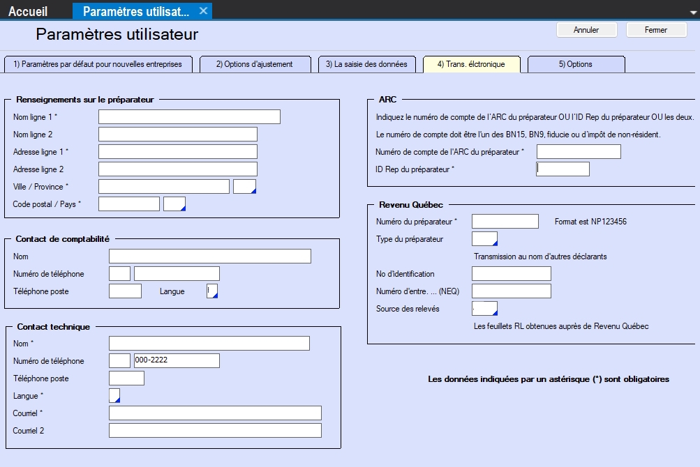 Paramètres utilisateur - Transmission électronique