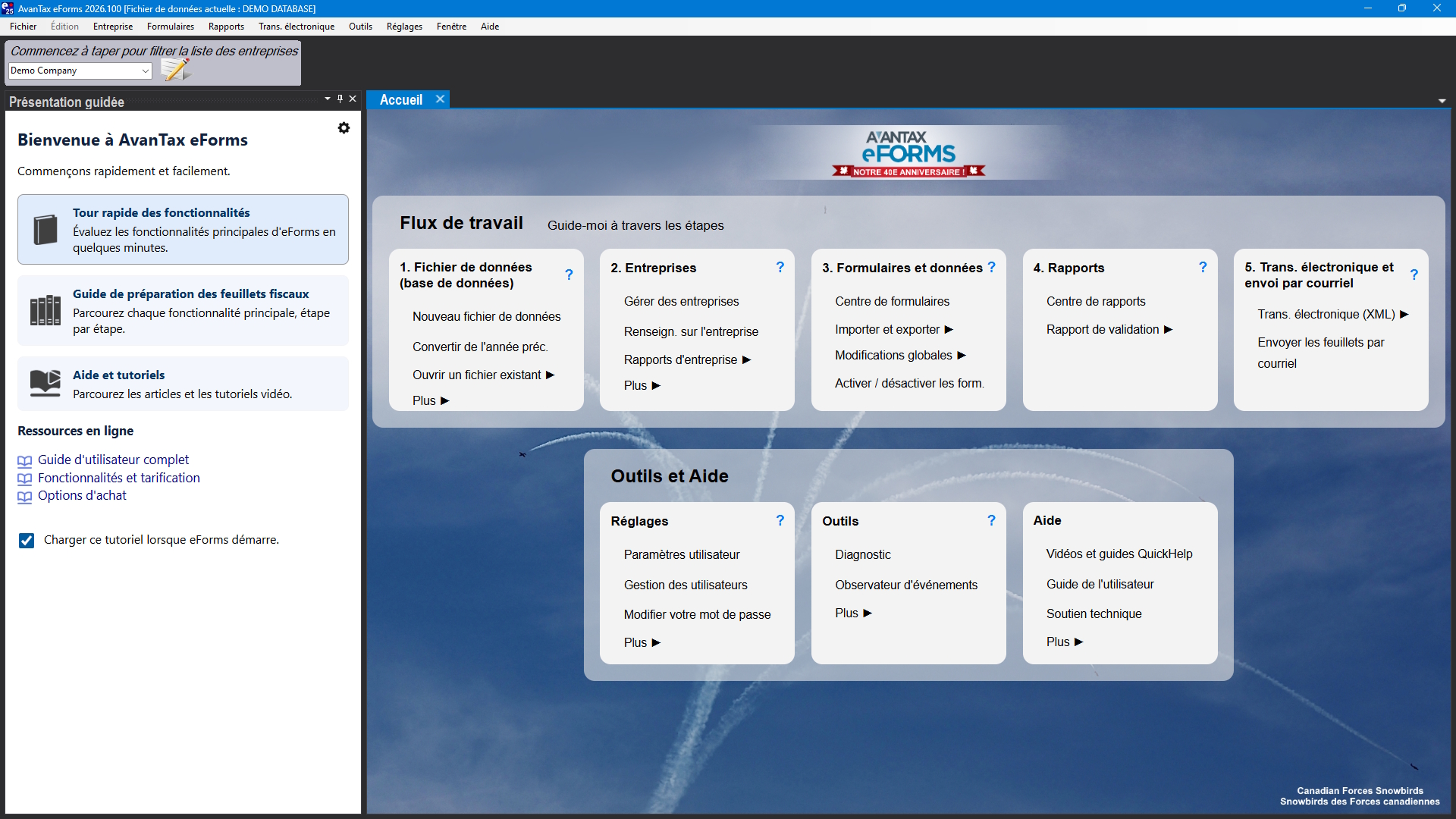 Page d’accueil d’eForms